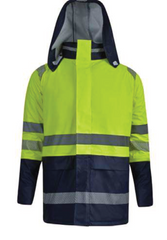 High-visibility jacket with reflective stripes shown from front and back on a white background