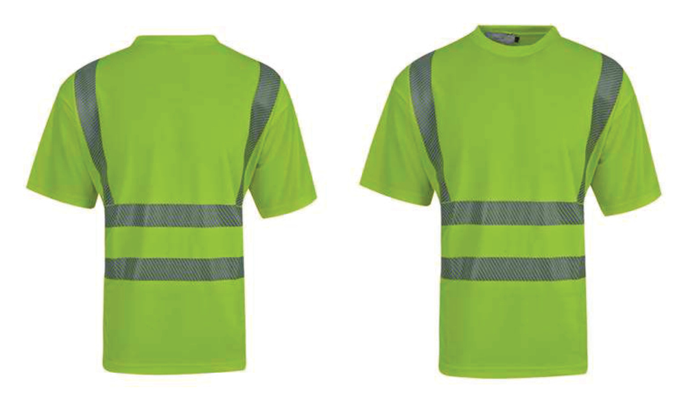 Green safety shirt with reflective stripes on a white background