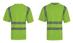 Green safety shirt with reflective stripes on a white background