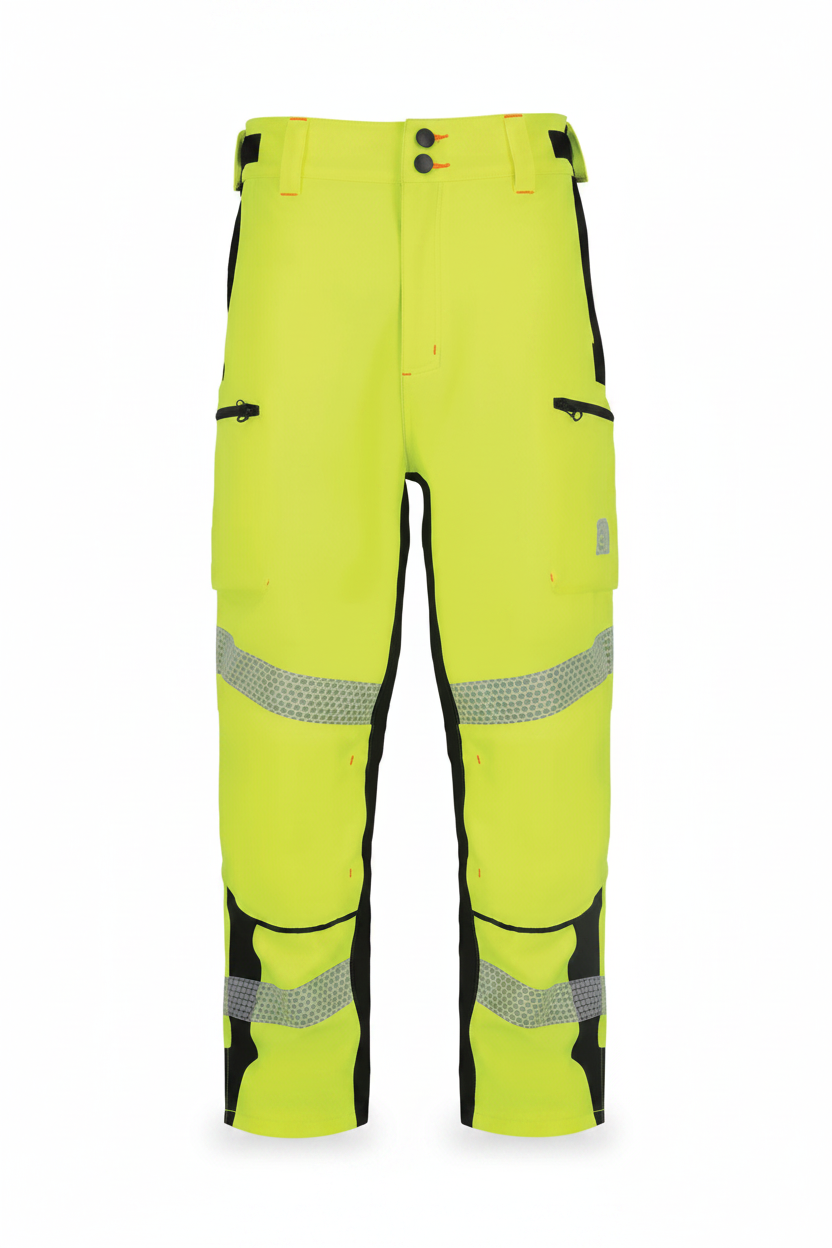 High-visibility work pants with reflective stripes on a white background