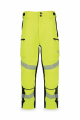 High-visibility work pants with reflective stripes on a white background