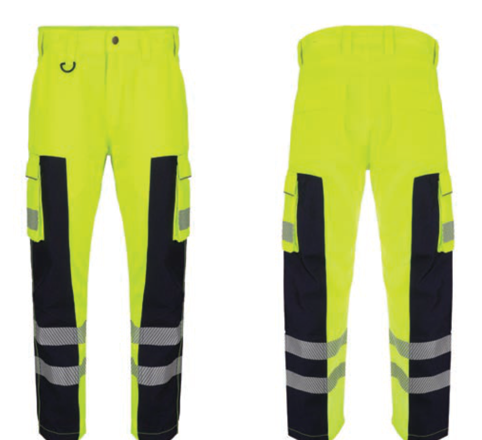 High-visibility work pants with reflective stripes on a white background