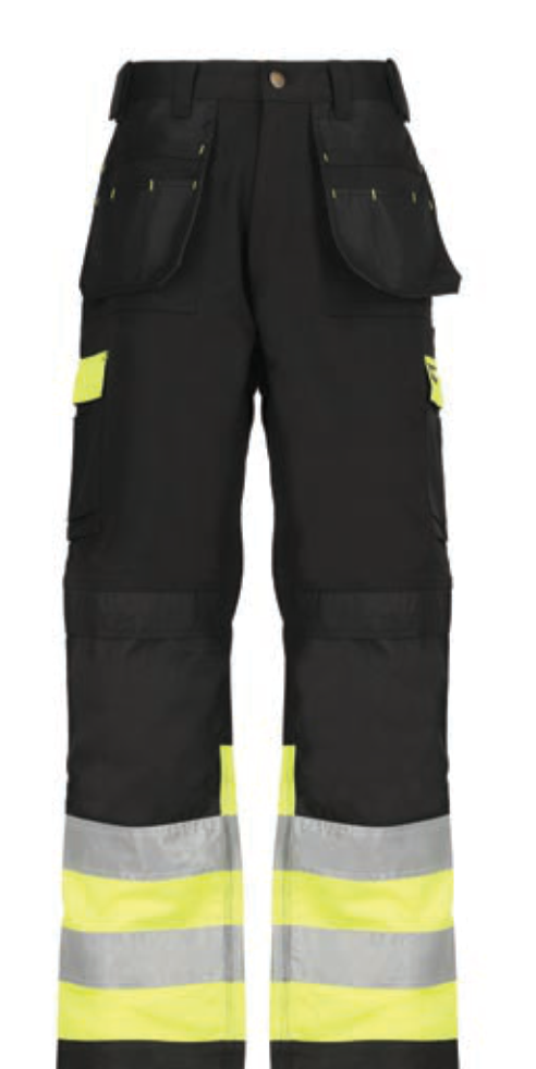 Black work pants with yellow and reflective stripes on a white background
