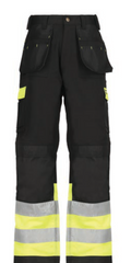 Black work pants with yellow and reflective stripes on a white background