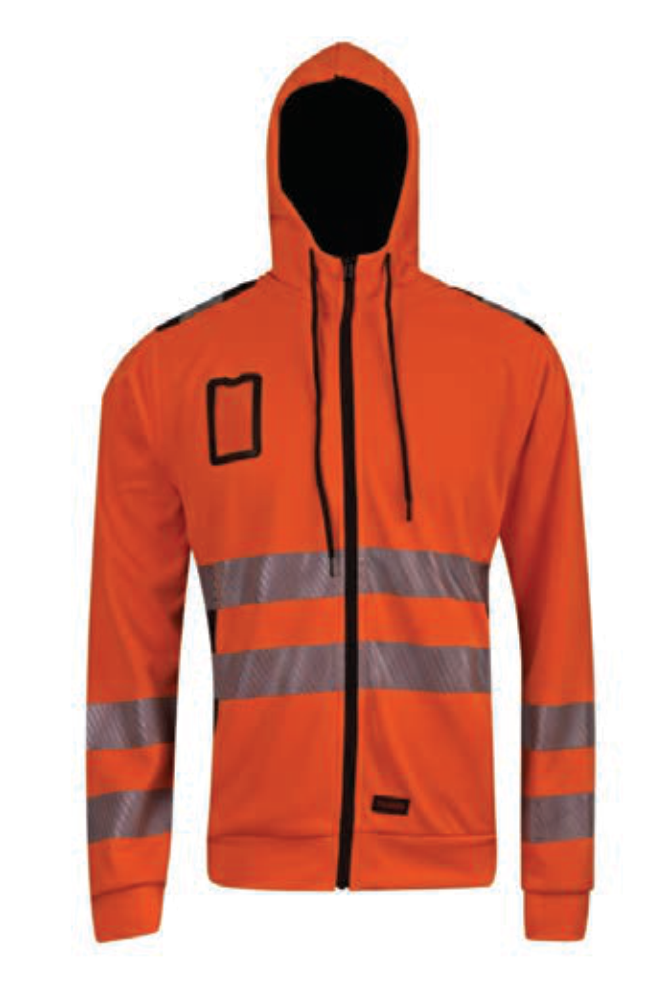 Orange hoodie with reflective stripes on a white background