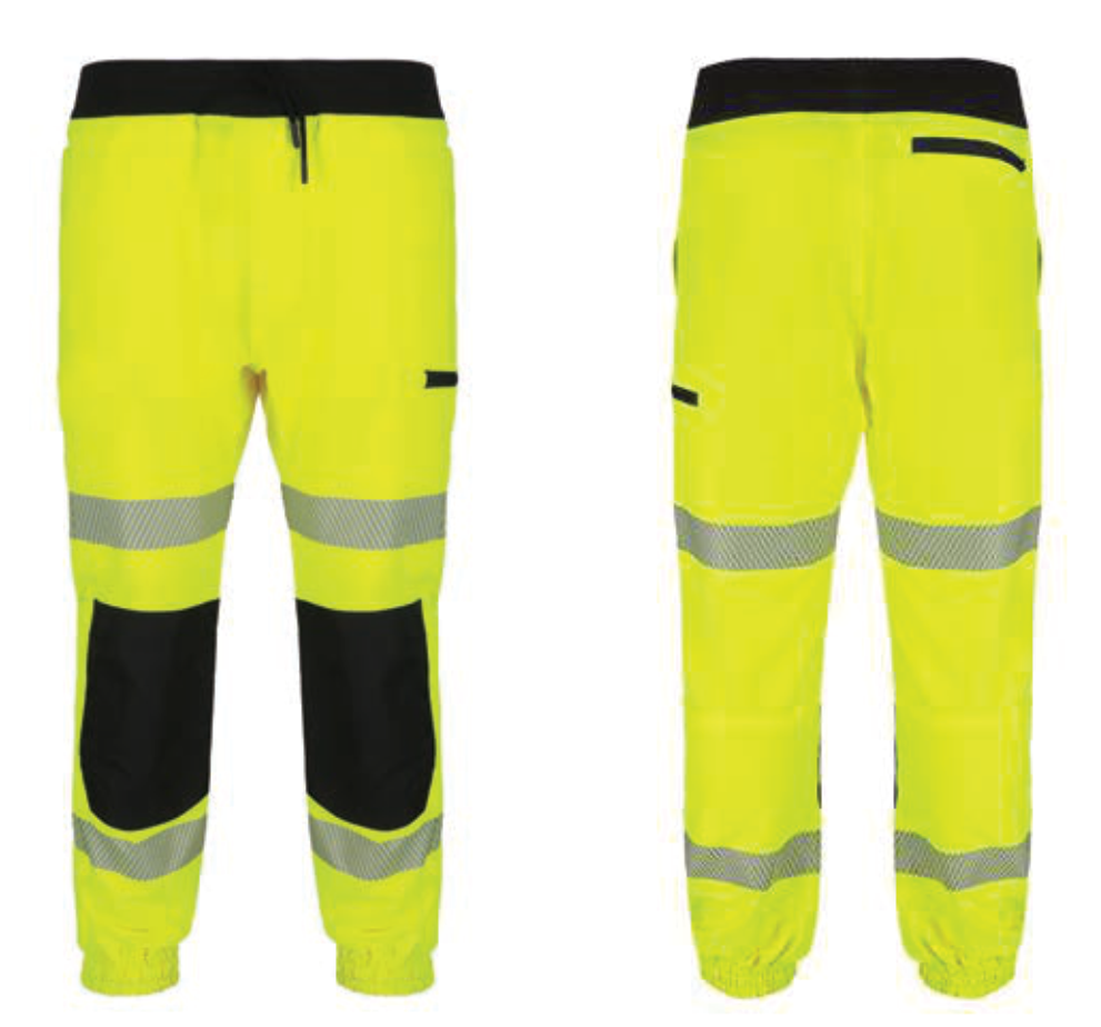 Yellow safety pants with reflective stripes on a white background