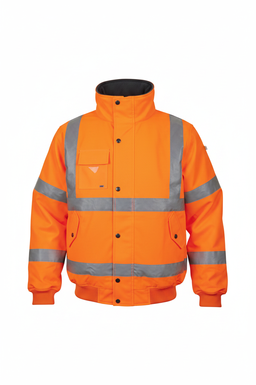 Orange safety jacket with reflective stripes on a white background