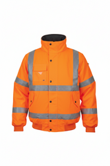 Orange safety jacket with reflective stripes on a white background