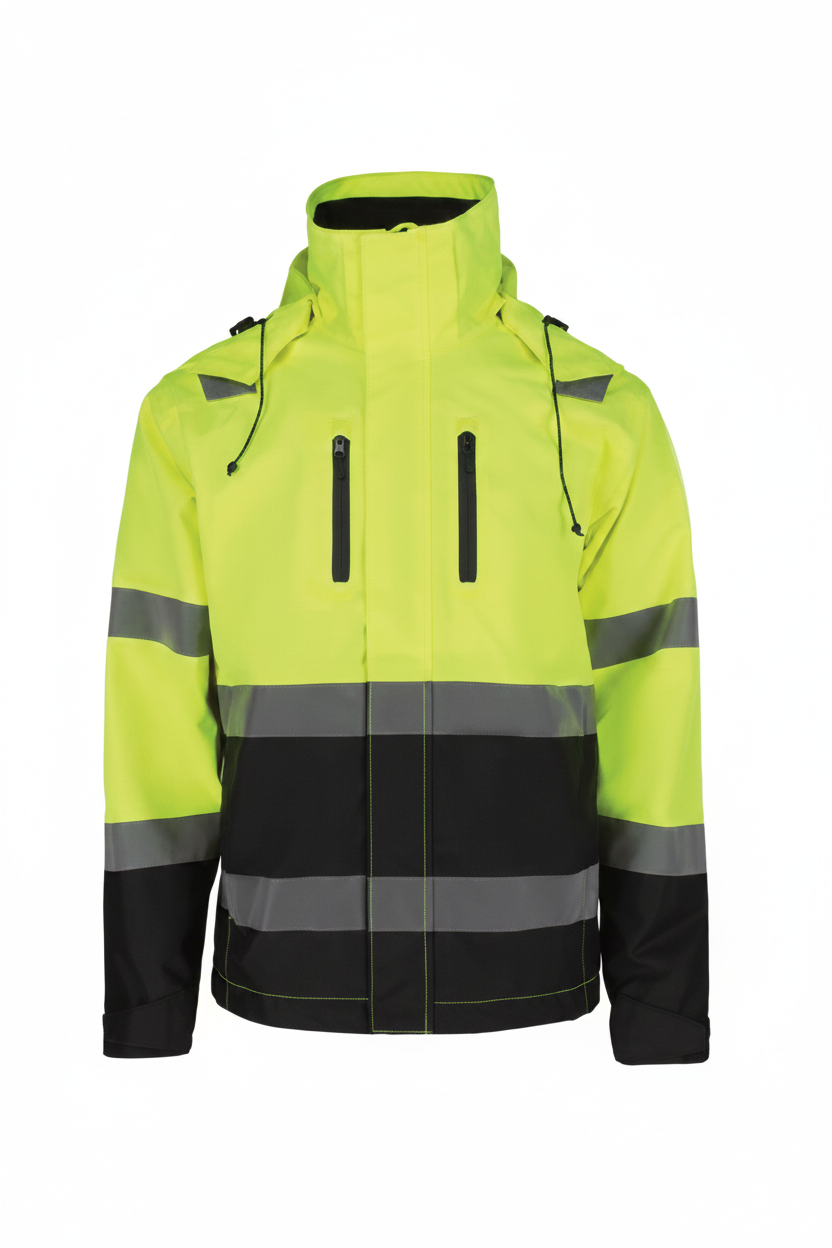 High-visibility jacket with reflective stripes shown from front and back on a white background