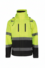 High-visibility jacket with reflective stripes shown from front and back on a white background
