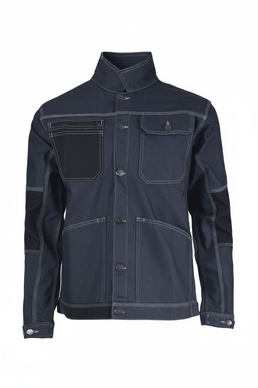 Navy blue jacket shown from front and back on a white background