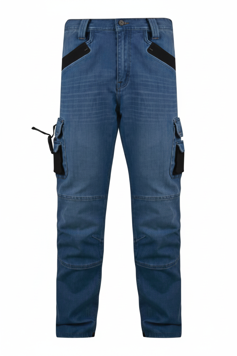 Blue work pants with multiple pockets and zippers on a white background