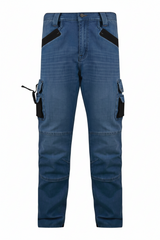 Blue work pants with multiple pockets and zippers on a white background