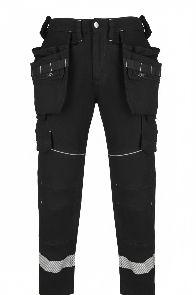 Black work pants with reflective stripes on a white background