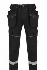 Black work pants with reflective stripes on a white background