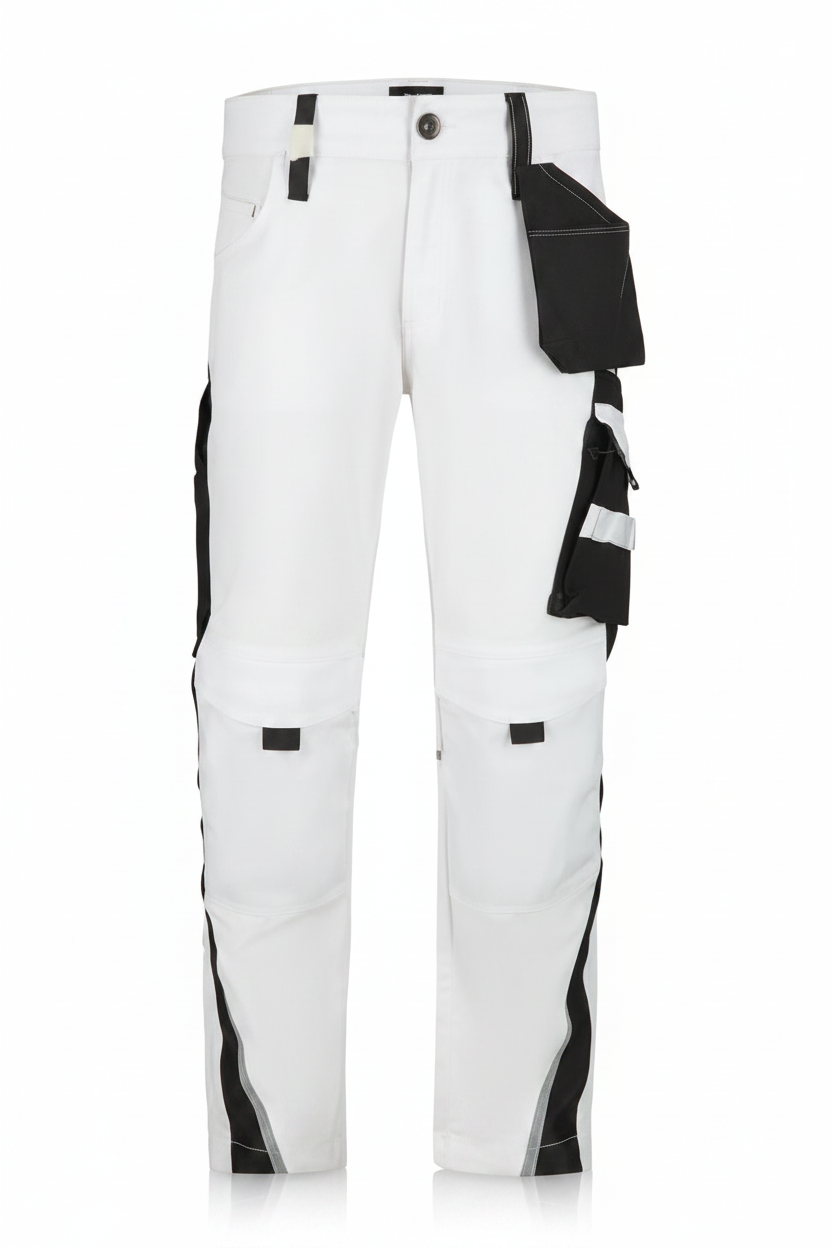 White pants with black accents on a white background