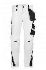 White pants with black accents on a white background
