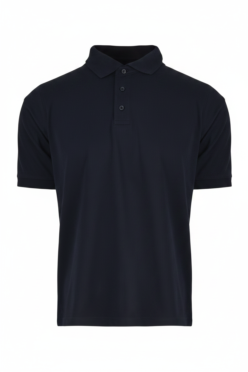 Black polo shirt shown from front and back on a white background