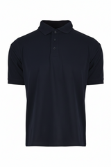 Black polo shirt shown from front and back on a white background