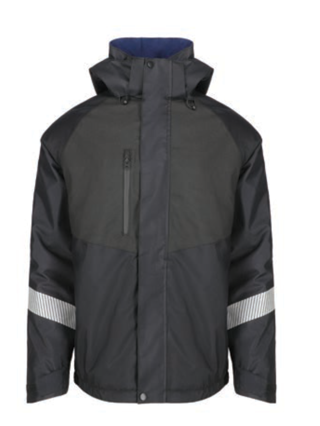 Black jacket with reflective stripes shown from front and back on a white background