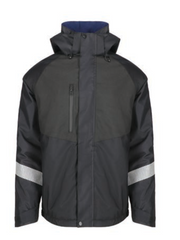 Black jacket with reflective stripes shown from front and back on a white background